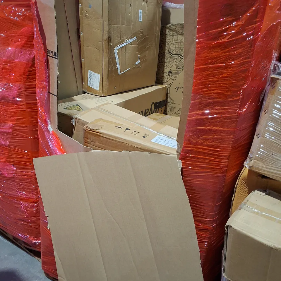 PALLET OF ASSORTED HOUSEHOLD ITEMS TO INCLUDE BAGGED AND ROLLED MATTRESSES, FAN LIGHT AND BED FRAME