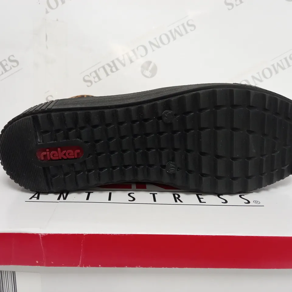BOXED PAIR OF RIEKER HI TOP TRAINERS WITH CUFF IN BLACK UK SIZE 6.5