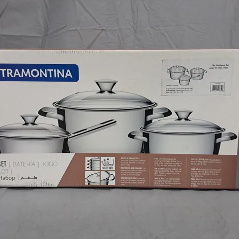 TRAMONTINA STAINLESS STEEL COOKWARE SET, 3-PIECE WITH GLASS LIDS