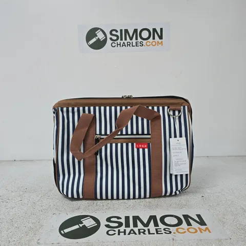 LEKESKY WEEKEND OVERNIGHT BAG – NAVY & WHITE STRIPE, BROWN HANDLES