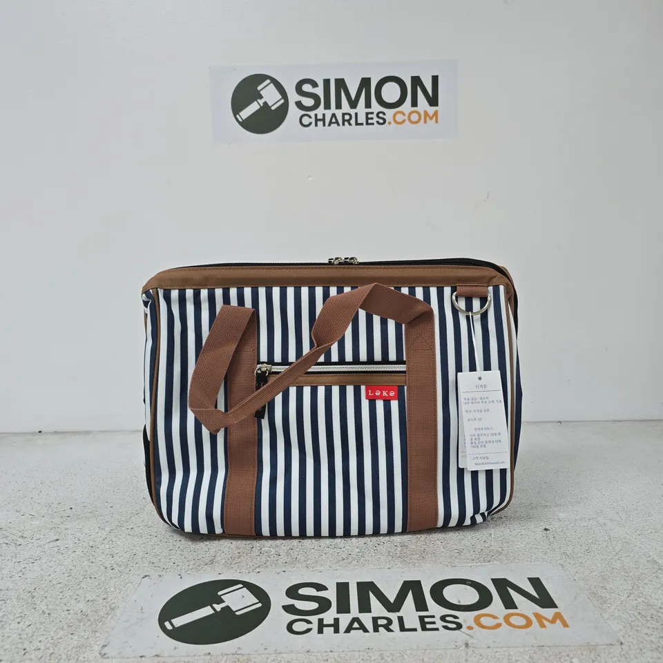LEKESKY WEEKEND OVERNIGHT BAG – NAVY & WHITE STRIPE, BROWN HANDLES