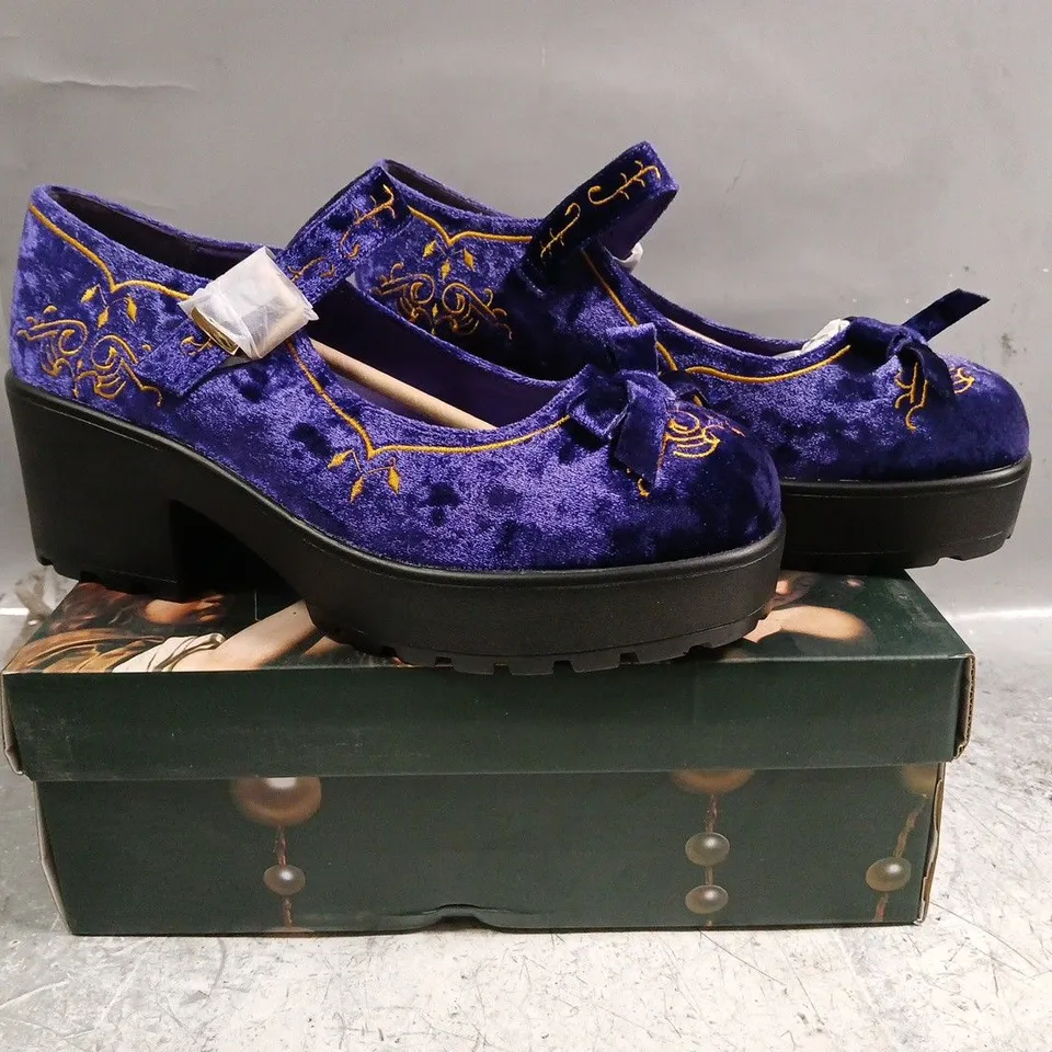 BOXED PAIR OF KOI TIRA VELVET MARY JANES ROYAL MANOR EDITION IN PURPLE SIZE UK 10