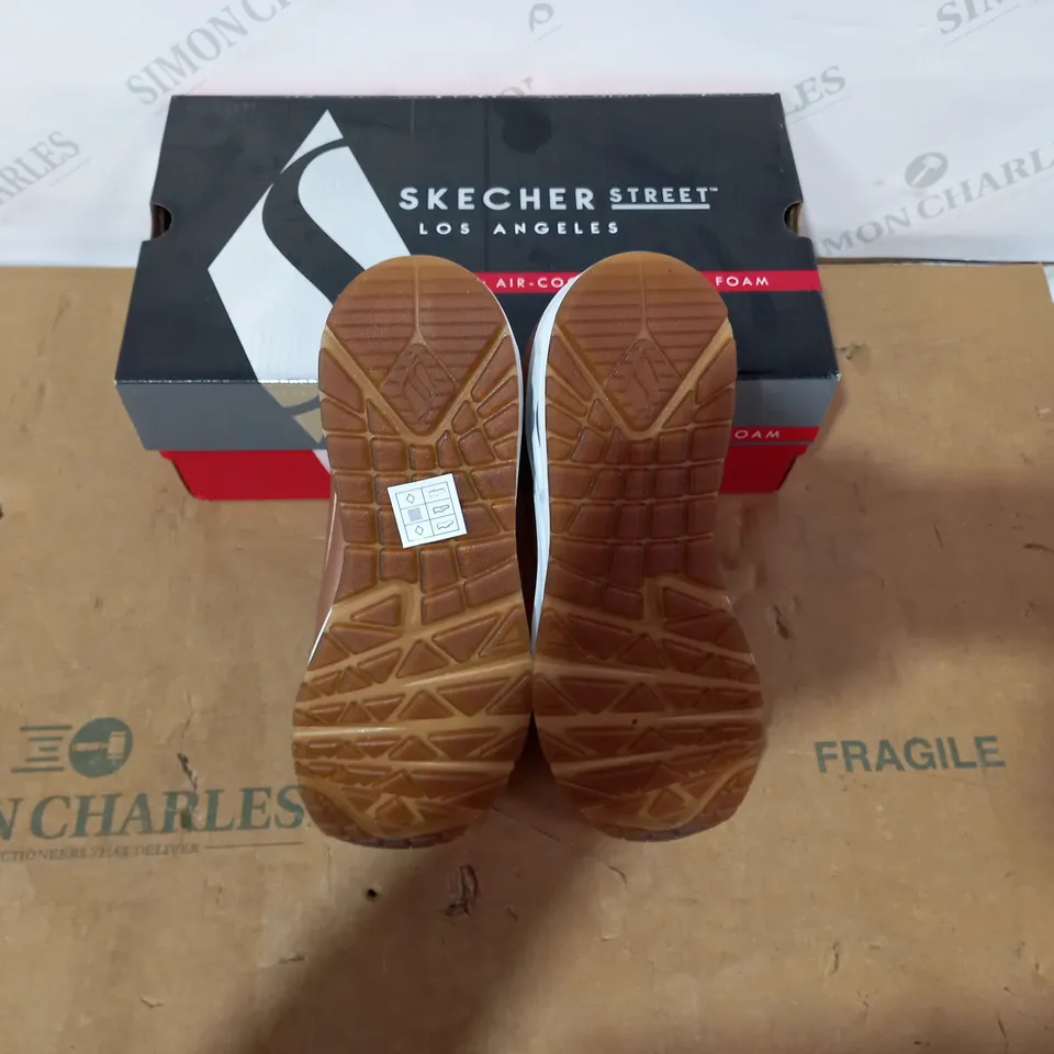 BOXED PAIR OF SKECHERS ROSE GOLD TRAINERS- SIZE 4.5