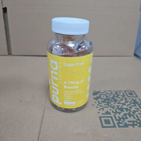 BOX OF APPROXIMATELY 10 TUBS OF PURNA GUMMIES VITAMIN C DIETARY SUPPLEMENT LEMON FLAVOUR FOR ADULTS AND KIDS 60 GUMMIES PER TUB