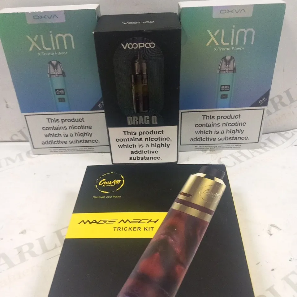 4 ASSORTED VAPING PRODUCTS TO INCLUDE; OXVA XLIM X TREME FLAVOR, VOOPOO DRAG Q AND COILART BY COILTECH MAGE MECH TRACKER KIT
