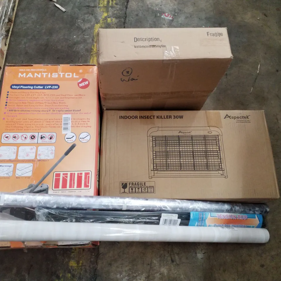 PALLET CONTAINING ASSORTED PRODUCTS INCLUDING VINYL FLOORING CUTTER, INSECT KILLER, SERVING PLATTER SET, TENSION ROD, WALLPAPER