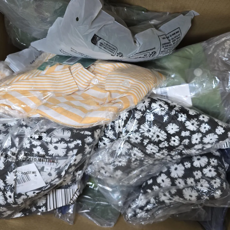 BOX OF APPROX 20 ASSORTED CLOTHING ITEMS TO INCLUDE SHIRTS, TOPS, PAJAMAS, ETC 
