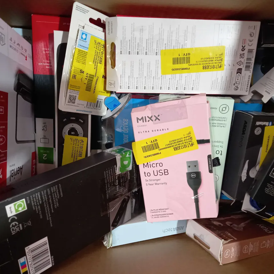 BOX OF APPROXIMATELY 20 ASSORTED ELECTRICAL ITEMS TO INCLUDE JVC GUMY TRUE WIRELESS HEADPHONES, ASDA TECH 3-WAY HDMI SELECTOR, ASDA TECH NOISE CANCELLING TRUE WIRELESS EARBUDS, ETC