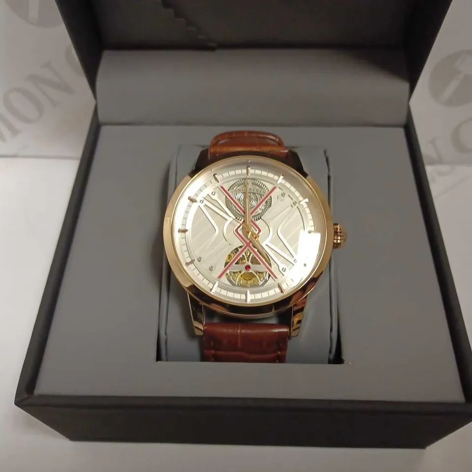 MENS VONLANTHEN AUTOMATIC WATCH – SILVER AND RED TEXTURED DIAL – ROSE GOLD COLOUR CASE - GLASS EXHIBITION BACKCASE – BLACK LEATHER STRAP