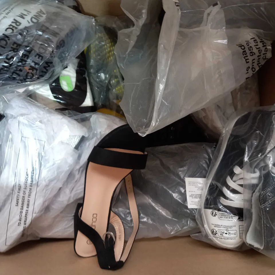 BOX OF APPROXIMATELY 15 ASSORTED PAIRS OF SHOES AND FOOTWEAR ITEMS IN VARIOUS STYLES AND SIZES TO INCLUDE LAKELAND, ASOS DESIGN, SAINT LAURENT, ETC