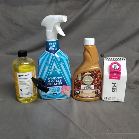 APPROXIMATELY 15 HOUSEHOLD LIQUIDS TO INCLUDE LEATHER CLEANER, ASTONISH WINDOW AND GLASS CLEANER AND SMOL STAIN GEL