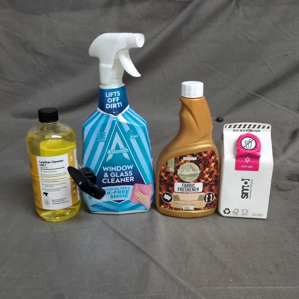 APPROXIMATELY 15 HOUSEHOLD LIQUIDS TO INCLUDE LEATHER CLEANER, ASTONISH WINDOW AND GLASS CLEANER AND SMOL STAIN GEL