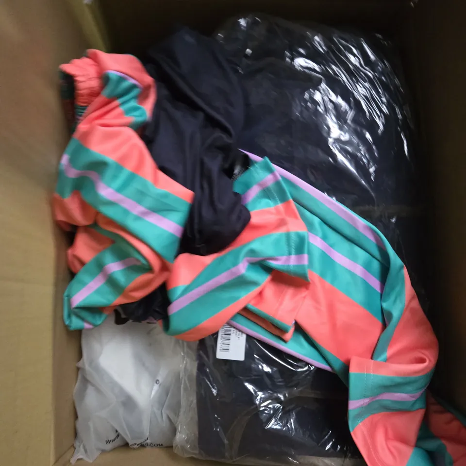 LARGE BOX OF ASSORTED CLOTHING ITEMS IN VARIOUS SIZES, STYLES AND COLOUR 