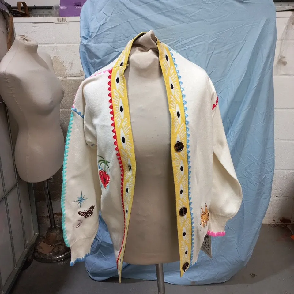 NEVER FULLY DRESSED WOMEN'S CARDIGAN - WHITE WITH YELLOW TRIM, EMBROIDERED DESIGN, XS
