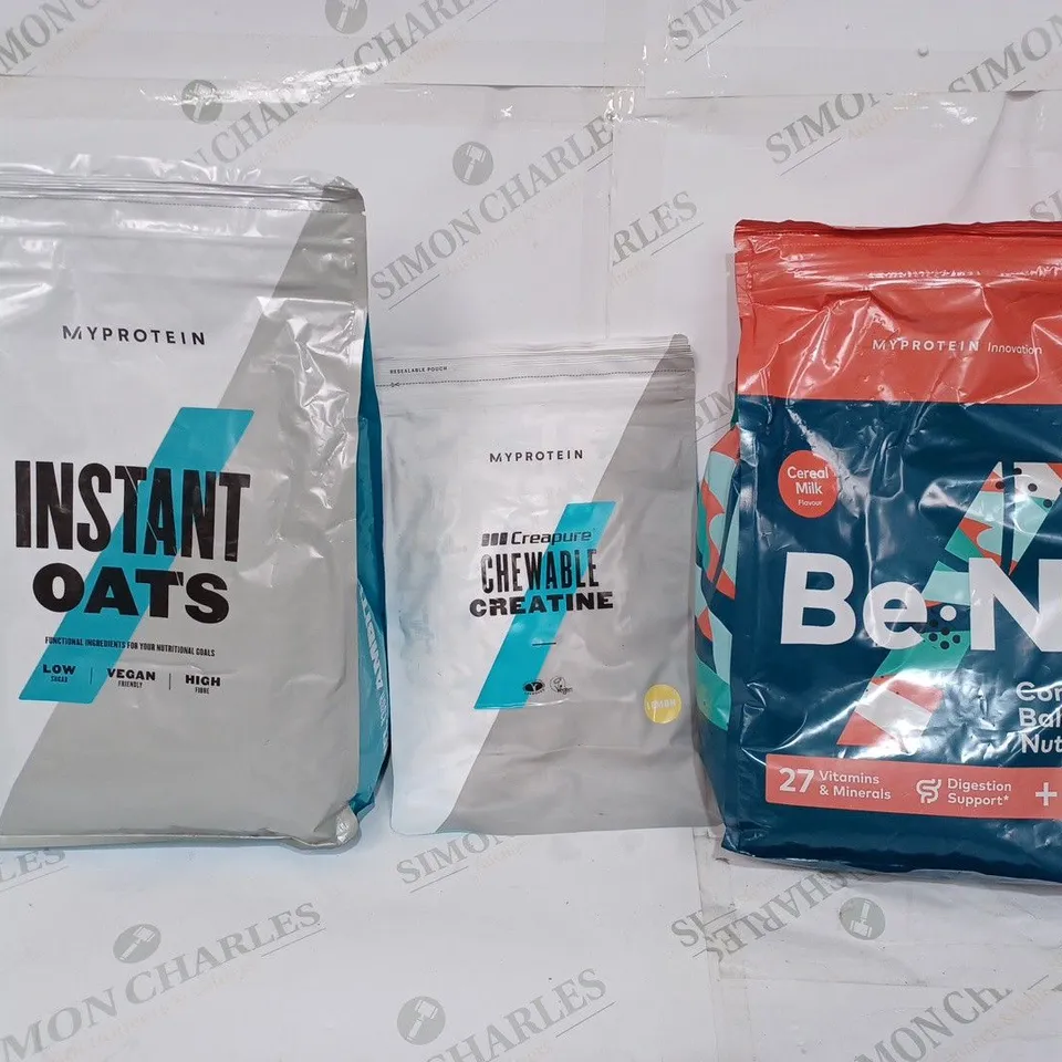 BOX TO CONTAIN 3 X MYPROTEIN NUTRITION PRODUCTS. INCLUDES INSTANT OATS, CHEWABLE CREATINE & COMPLETE NUTRITION SHAKE POWDER.