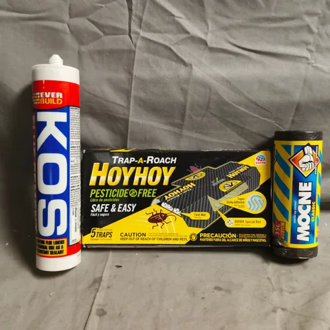 APPROXIMATELY 10 ASSORTED HOUSEHOLD ITEMS TO INCLUDE MOCNE BIN BAGS, HOYHOY TRAP-A-ROACH, KOS FLUE CEMENT, ETC