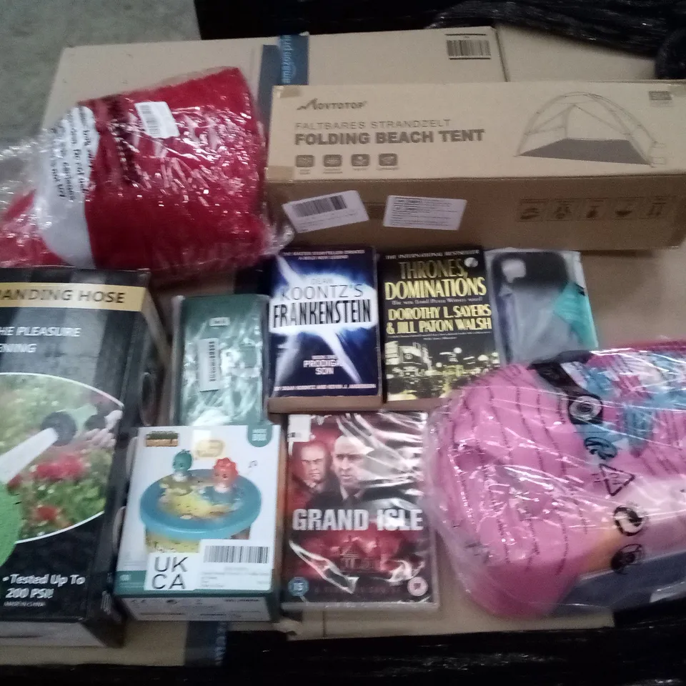 PALLET OF 6 BOXES CONTAINING ASSORTED ITEMS INCLUDING FOLDING BEACH TENT, EXPANDING HOSE, BUOYANCY VEST, PHONE CASE, GRAND ISLE DVD, MUSICAL KIDS TOY
