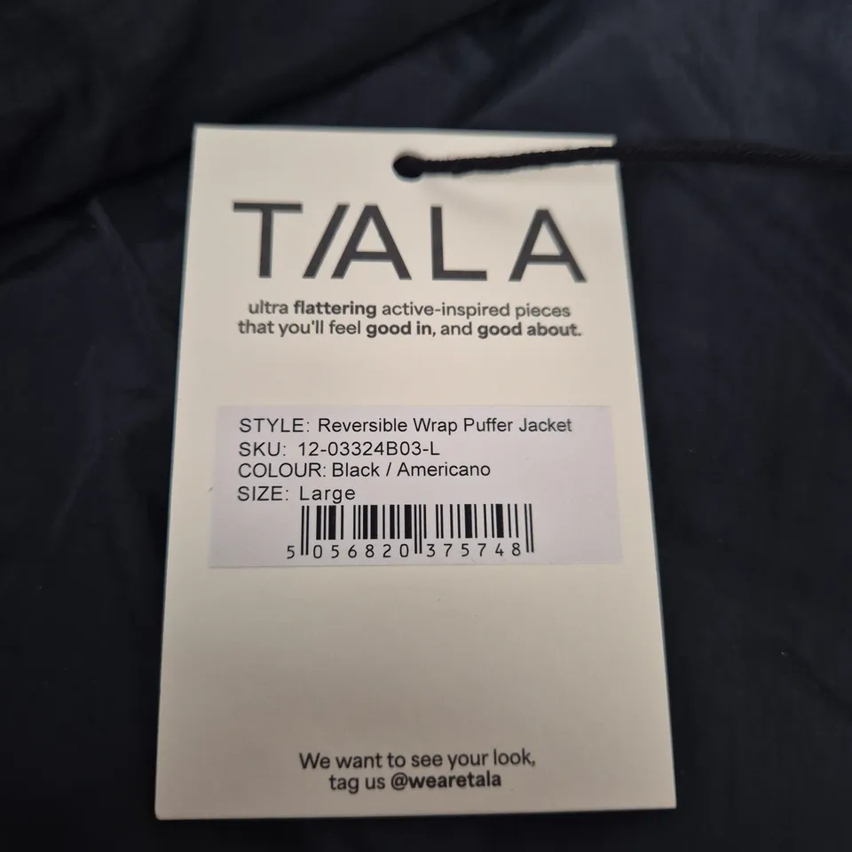 TALA REVERSIBLE WRAP PUFFER JACKET – BLACK / AMERICANO, LARGE