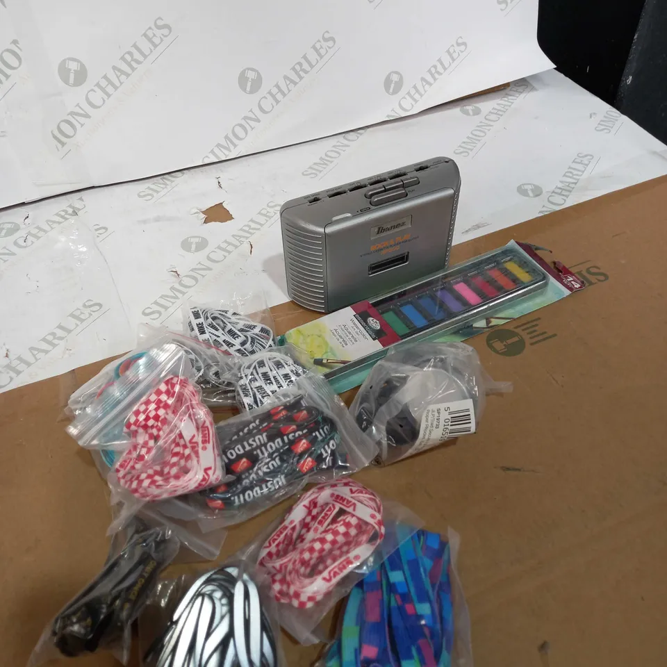 BOX OF ASSORTED HOUSEHOLD ITEMS TOO INCLUDE BRANDED SHOE LACES AND STEREO'S 