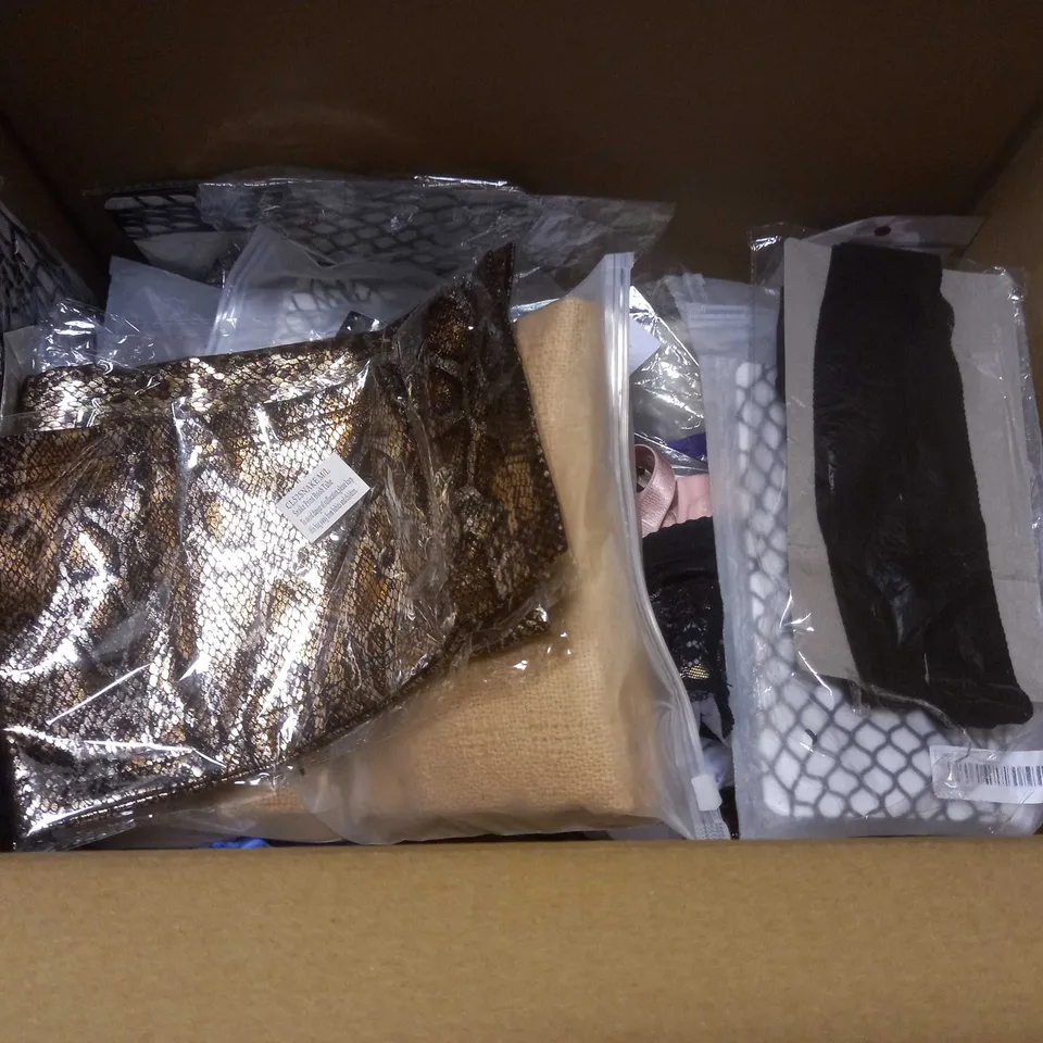 LOT OF APPROXIMATELY 40 ASSORTED CLOTHING AND ACCESSORIES TO INCLUDE FISHNET GLOVES, STOCKINGS AND BOOB TUBES