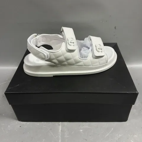 BOXED PAIR OF CHANEL TWIN STRAP SANDALS IN WHITE - 6