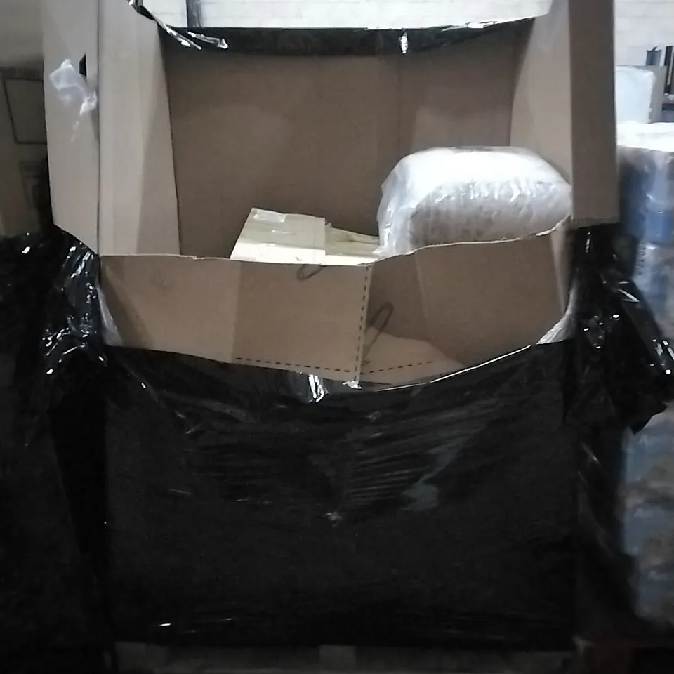 PALLET OF HOUSEHOLD ITEMS TO INCLUDE SKATES, PORTABLE WOODEN SLANT BOARD, LED CHANDELIER, BED RAIL AND OTHER ASSORTED ITEMS...