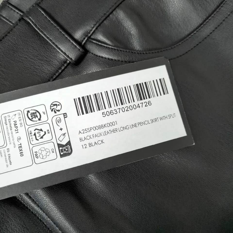 SOSANDER BLACK FAUX LEATHER LONG LINE PENCIL SKIRT WITH SPLIT - SIZE 12