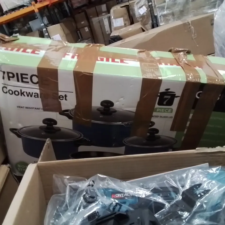 PALLET CONTAINING VARIOUS ASSORTED BOXED ITEMS TO INCLUDE. FOOT SOLE MASSAGER, MULTI TOOL KIT, AUTOMATIC PET FEEDER, COOKWARE SET AND LOTS MORE UNMARKED BOXED ITEMS 