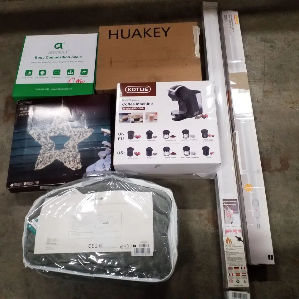 PALLET CONTAINING ASSORTED PRODUCTS INCLUDING ECOHEATER, ROLLER BLIND, COFFEE MACHINE, BODY COMPOSITION SCALE, METAL FRAME LIGHTS & ELECTRIC HEATING BLANKET 