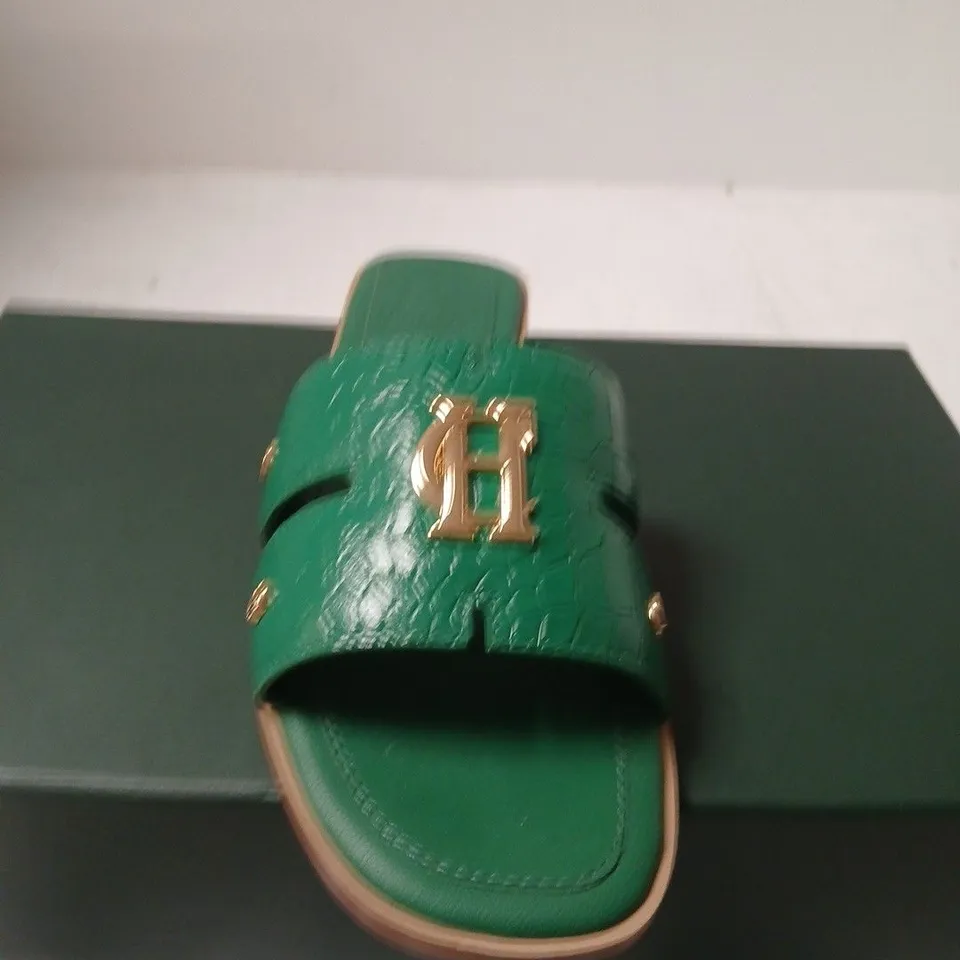 BOXED PAIR OF HOLLAND COOPER MONOGRAM SLIDES JADE CROC – UK 4 