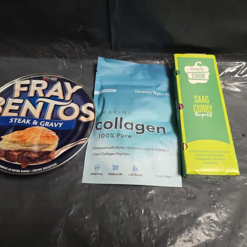 APPROXIMATELY 10 ASSORTED FOOD ITEMS TO INCLUDE - FREY BENTOS, SIMPLY COOK AND COLLAGEN