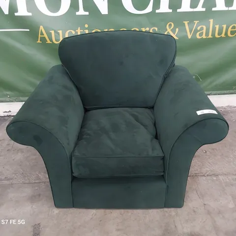 DESIGNER SCROLL ARM EASY CHAIR PLUSH GREEN FABRIC
