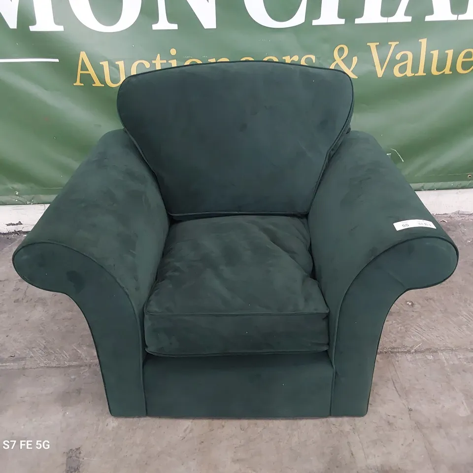 DESIGNER SCROLL ARM EASY CHAIR PLUSH GREEN FABRIC 