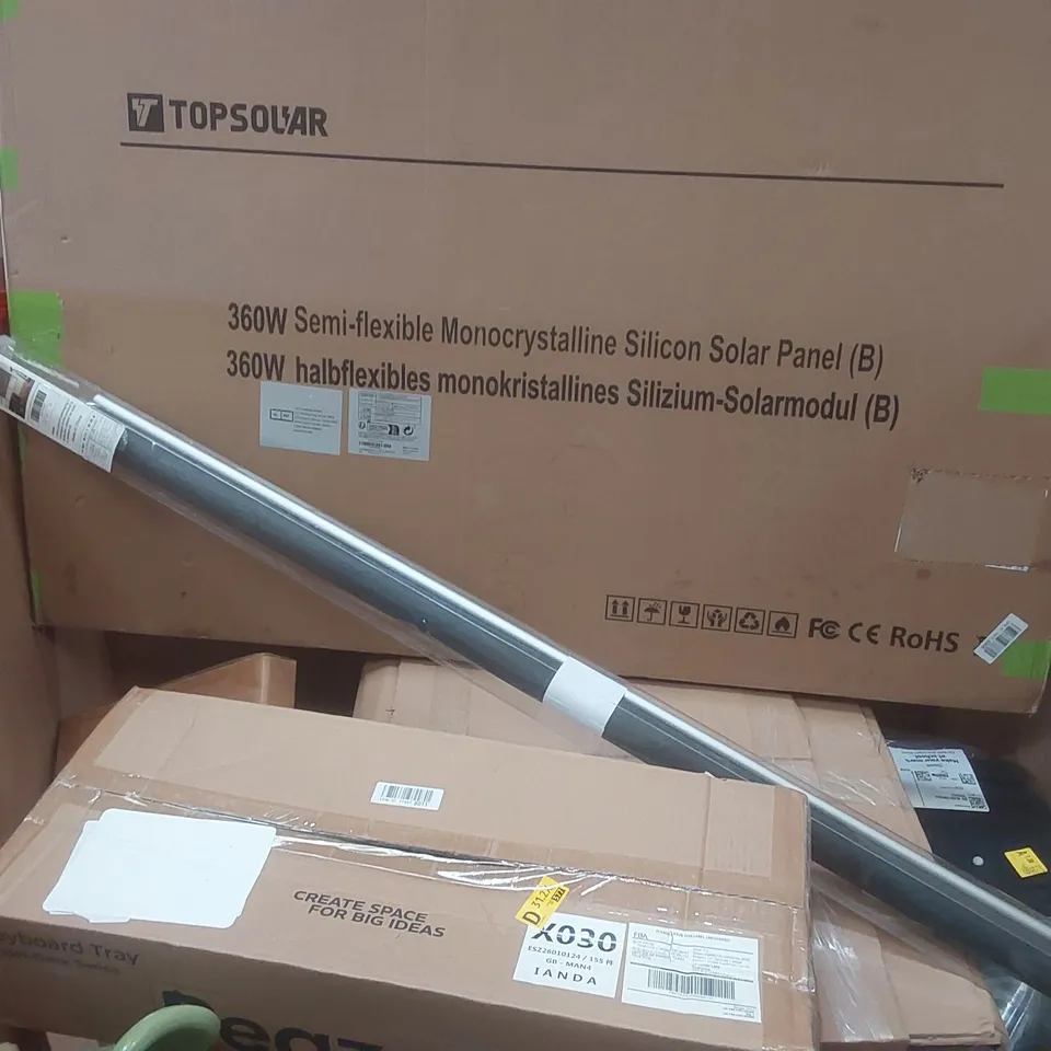 PALLET CONTAINING A VERY LARGE QUANTITY OF ASSORTED ITEMS INCLUDING: 360W SOLAR PANEL, KEYBOARD TRAY, BLINDS ECT