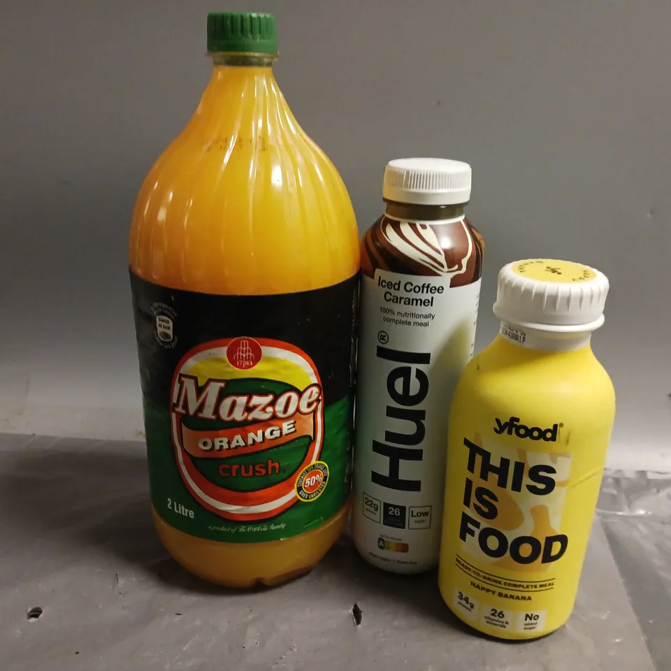 APPROXIMATELY 10 ASSORTED DRINK PRODUCTS TO INCLUDE MAZOE ORANGE CRUSH (2L), YFOOD THIS IS FOOD HAPPY BANANA (500ml), ICE COFFEE CARAMEL (500ML), ETC - COLLECTION ONLY