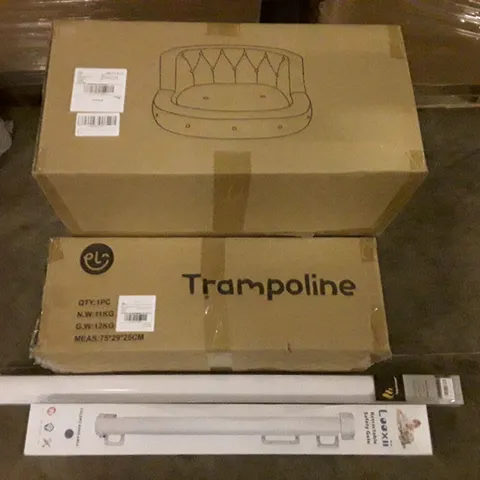 PALLET OF ASSORTED PRODUCTS INCLUDING DOG BED, TRAMPOLINE, RETRACTABLE SAFETY GATE, DAY AND NIGHT ROLLER BLIND