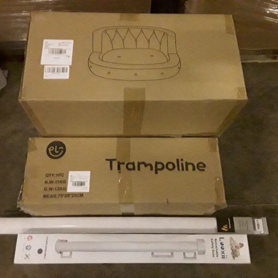 PALLET OF ASSORTED PRODUCTS INCLUDING DOG BED, TRAMPOLINE, RETRACTABLE SAFETY GATE, DAY AND NIGHT ROLLER BLIND