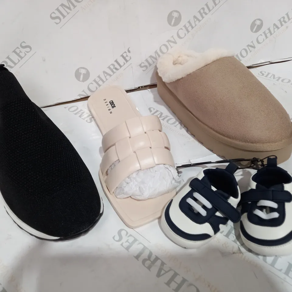 BOX OF APPROXIMATELY 10 PAIRS OF SHOES TO INCLUDE ASOS, SLIPPERS, BABY SHOES ETC