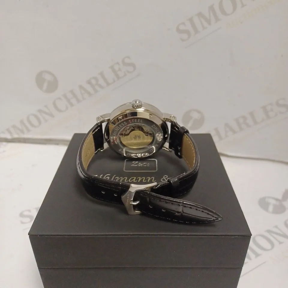 MENS ZIHLMANN & CO AUTOMATIC WATCH – Z150 – MOONPHASE DIAL – GLASS EXHIBITION BACKCASE - SILVER COLOUR CASE – BLACK LEATHER STRAP