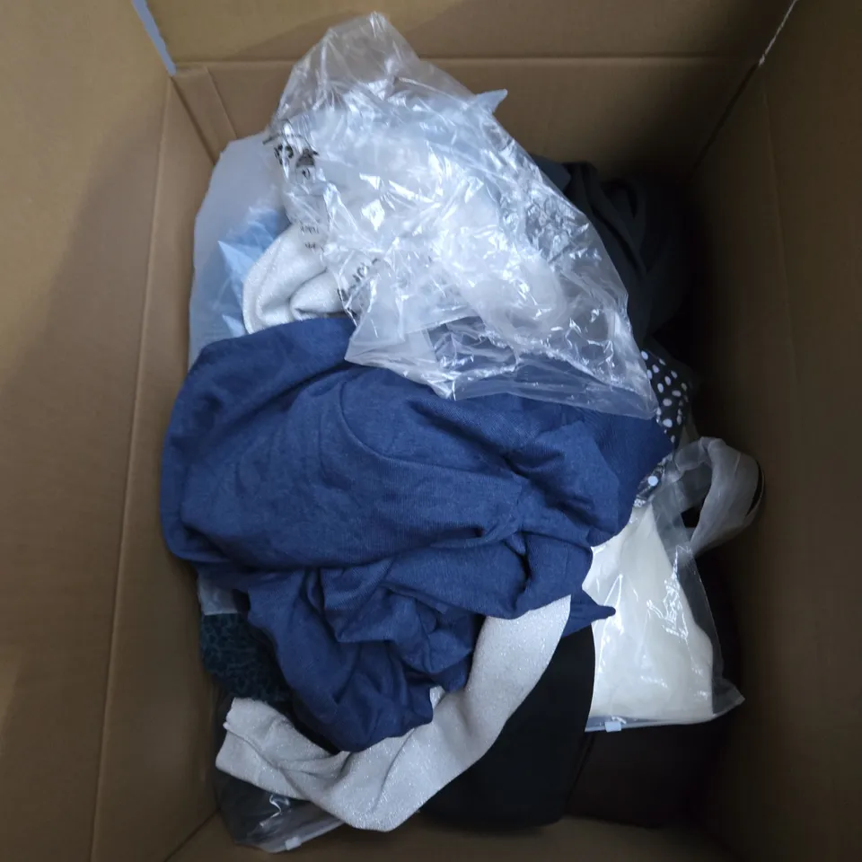 LARGE BOX OF ASSORTED CLOTHING ITEMS IN VARIOUS SIZES, STYLES AND COLOUR 