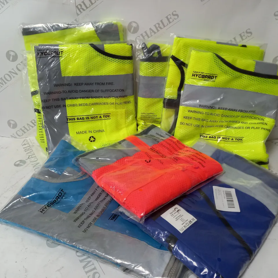 APPROXIMATELY 9 ASSORTED HYCOPROT HIGH VISIBILITY SAFETY VESTS IN VARIOUS SIZES 