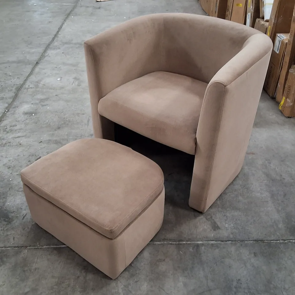 COLAMY UPHOLSTERED VELVET BARREL ACCENT CHAIR FURNITURE WITH STORAGE OTTOMAN - KHAKI (2 PARTS)