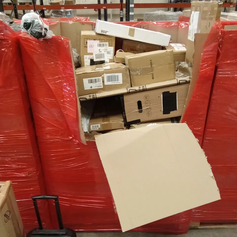 PALLET OF ASSORTED HOUSEHOLD GOODS AND PRODUCTS TO INCLUDE; LARGE OUTDOOR PLANTER, OUTDOOR FURNITURE, FLATPACK FURNITURE, LUGGAGE BAG ETC