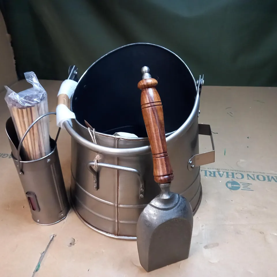 DIBOR PEWTER FIRESIDE COAL BUCKET AND MATCH HOLDER