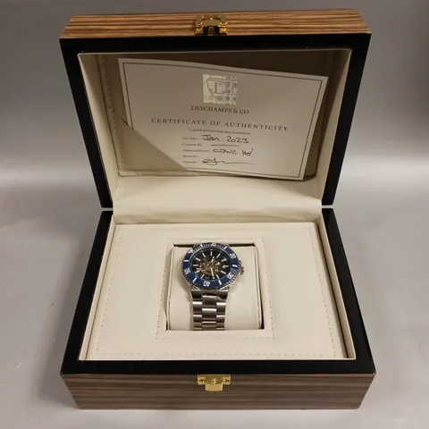 MENS DESCHAMPS & CO AUTOMATIC WATCH β SKELETON DIAL β CERAMIC BEZEL - STAINLESS STRAP