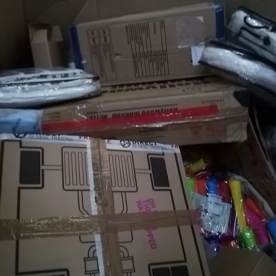 PALLET OF ASSORTED ITEMS TO INCLUDE BOXED SIDE TABLE, MAGIC HOSE, VTECH LEARNING LOCO AND AIR COOLER