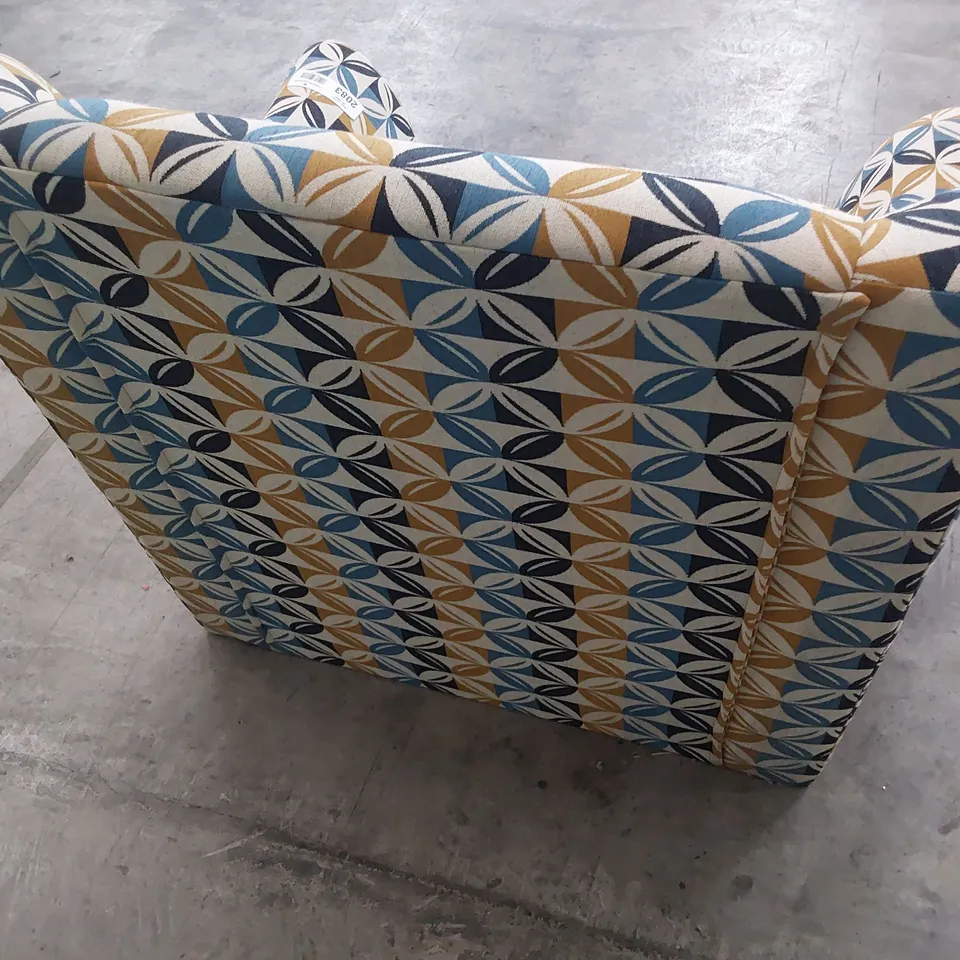 DESIGNER EASY CHAIR BLUE/GOLD/ BEIGE FABRIC 