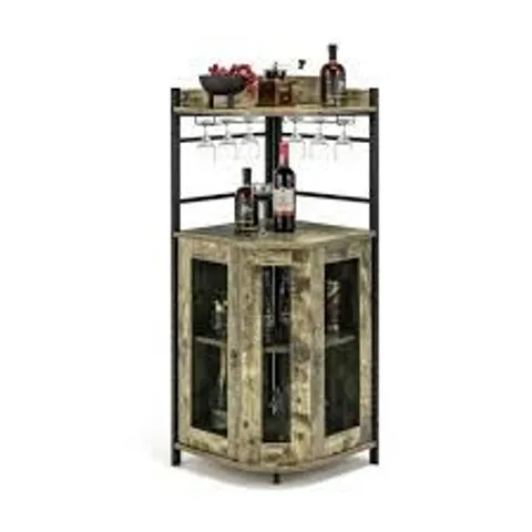 BOXED COSTWAY CORNER BAR CABINET INDUSTRIAL LIQUOR WINE CABINET WITH GLASS HOLDER & MESH DOORS