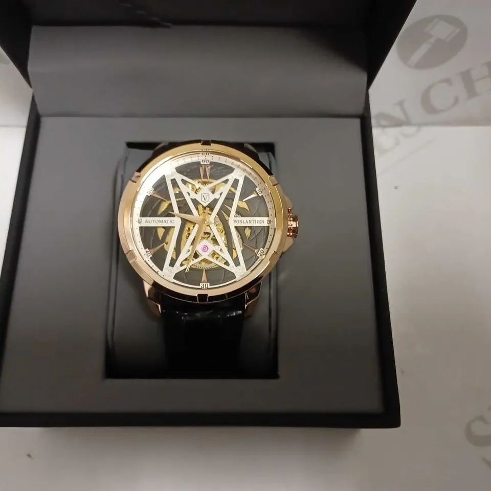 MENS VONLANTHEN AUTOMATIC SKELETON WATCH – V110 - GLASS EXHIBITION BACKCASE – BLACK LEATHER STRAP