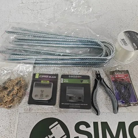 LOT OF APPROXIMATELY 20 ASSORTED HOUSEHOLD ITEMS TO INCLUDE CLIPPER BLADE, CIRCLE HOOKS, GROUND PEGS AND FISHING LINE
